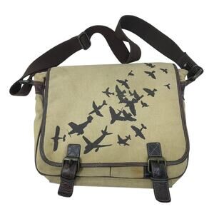 Vintage Fossil Tan Canvas Brown Leather Messenger Bag Birds Planes 90s 00s GUC